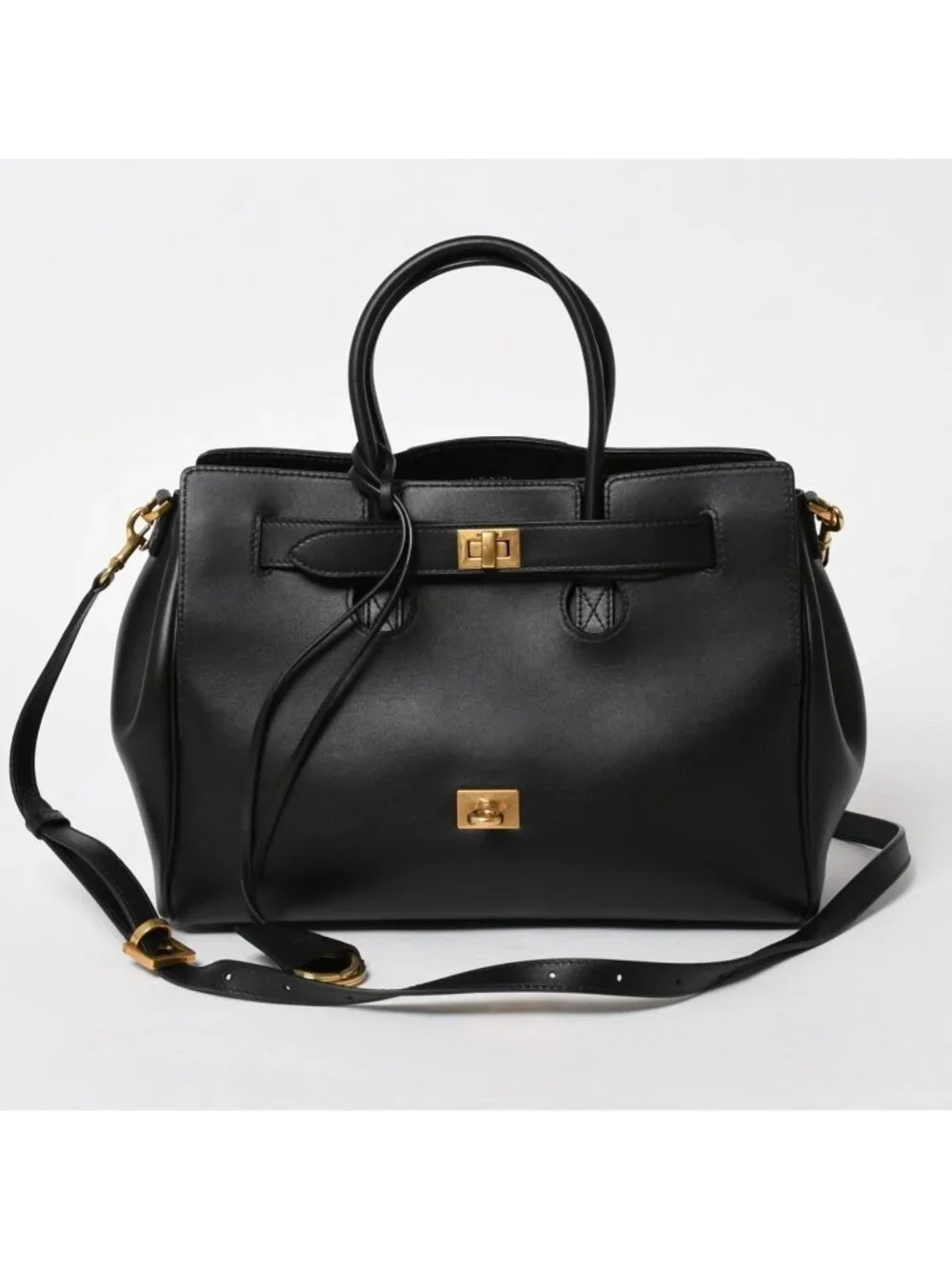 Balenciaga Bel Air Medium Carryall Leather 2-Way Handbag Black Gold